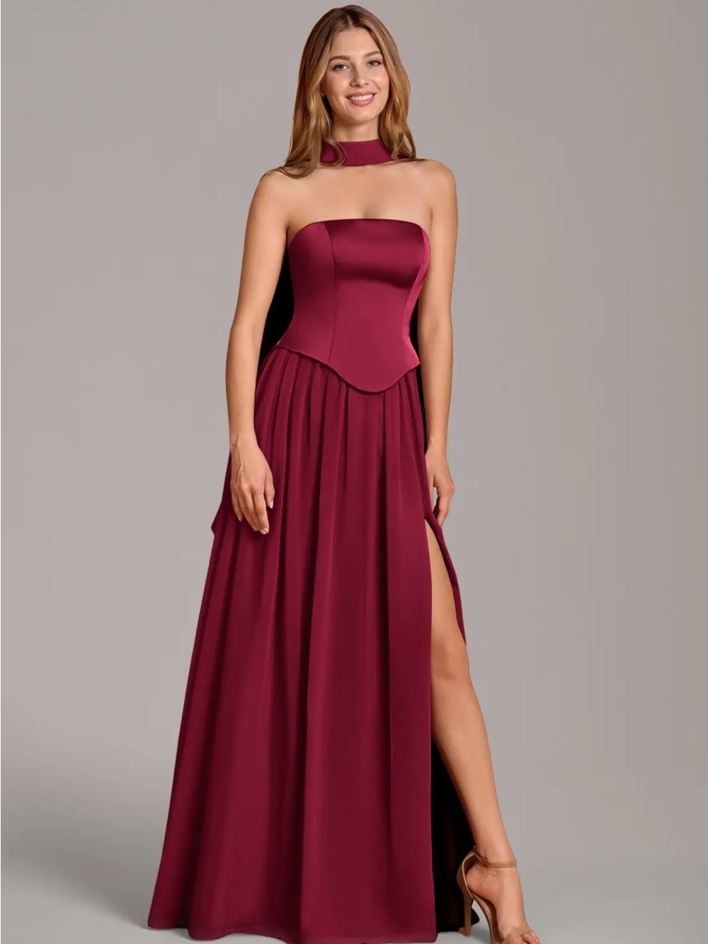 Azazie Strapless Chiffon Gown with Removable Choker in Burgundy